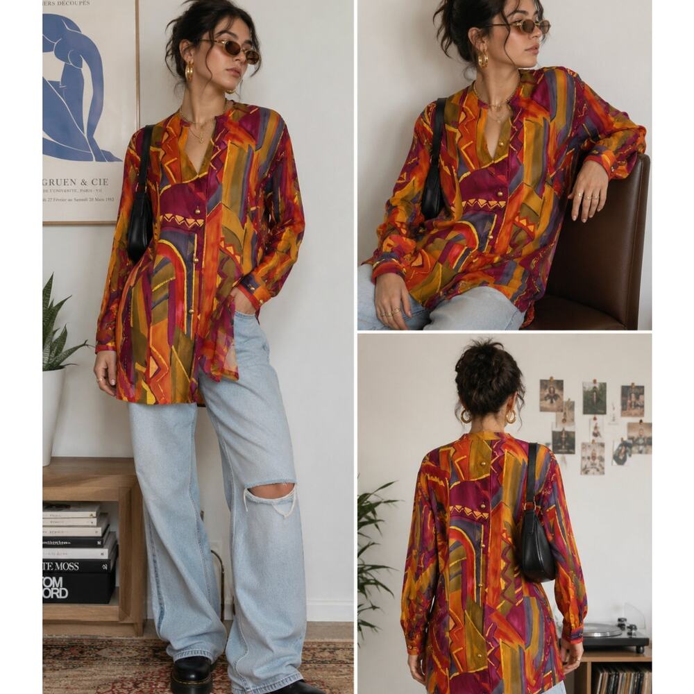 Vintage Silk Abstract Tunic Blouse Art Print Oversized Y2K Boho Made Hong Kong